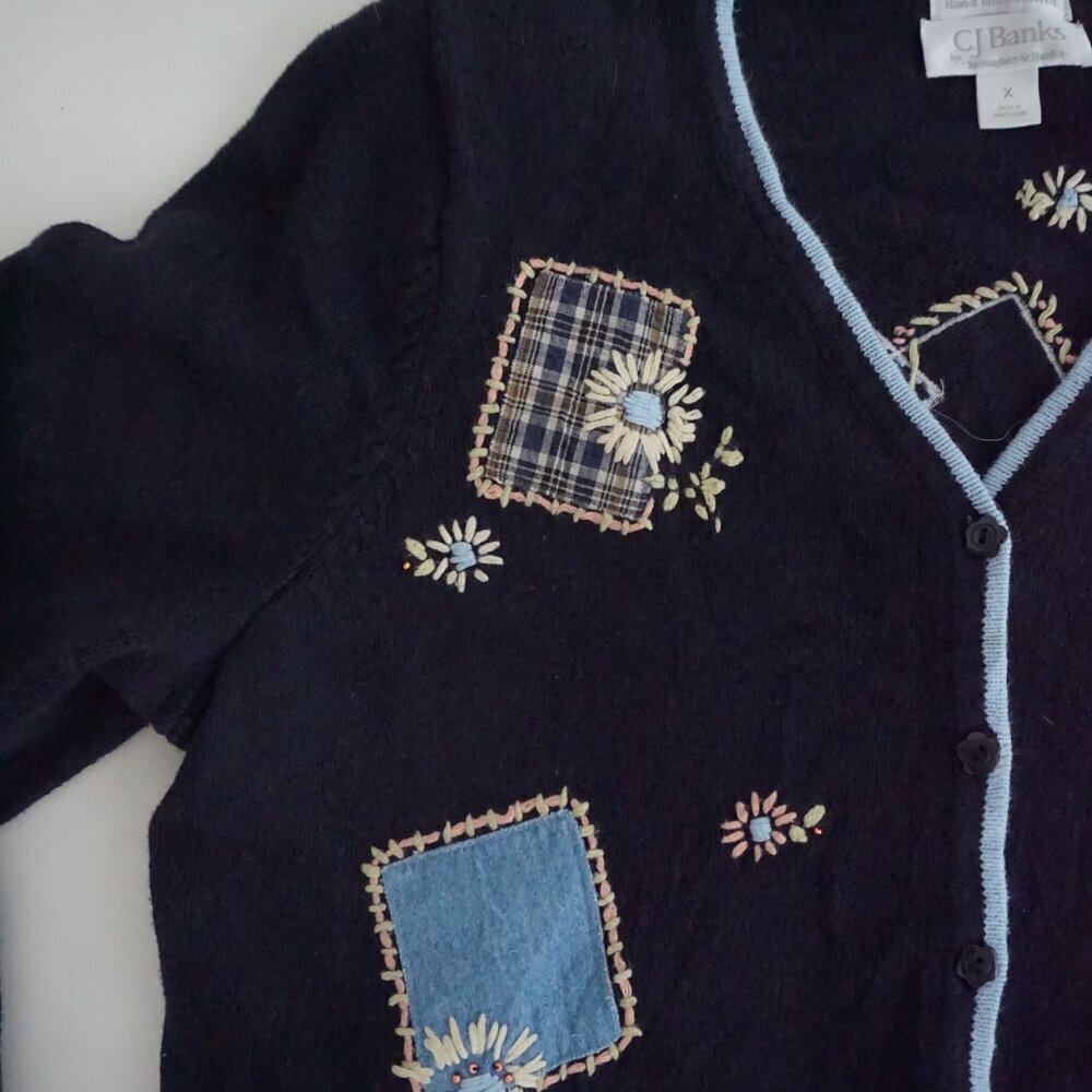 Vintage CJ Banks Navy Patch Floral Hand Embroidered Button Cardigan Sweater X - Picture 8 of 10